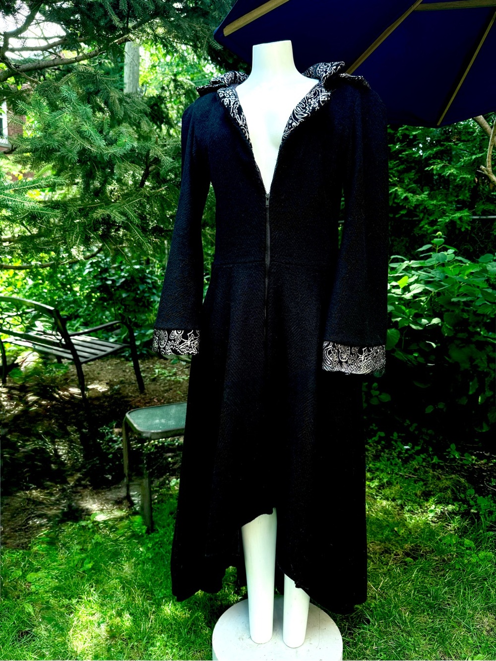 One of a kind Gothic Black wool Hooded Zip-Front Coat with Printed Trim